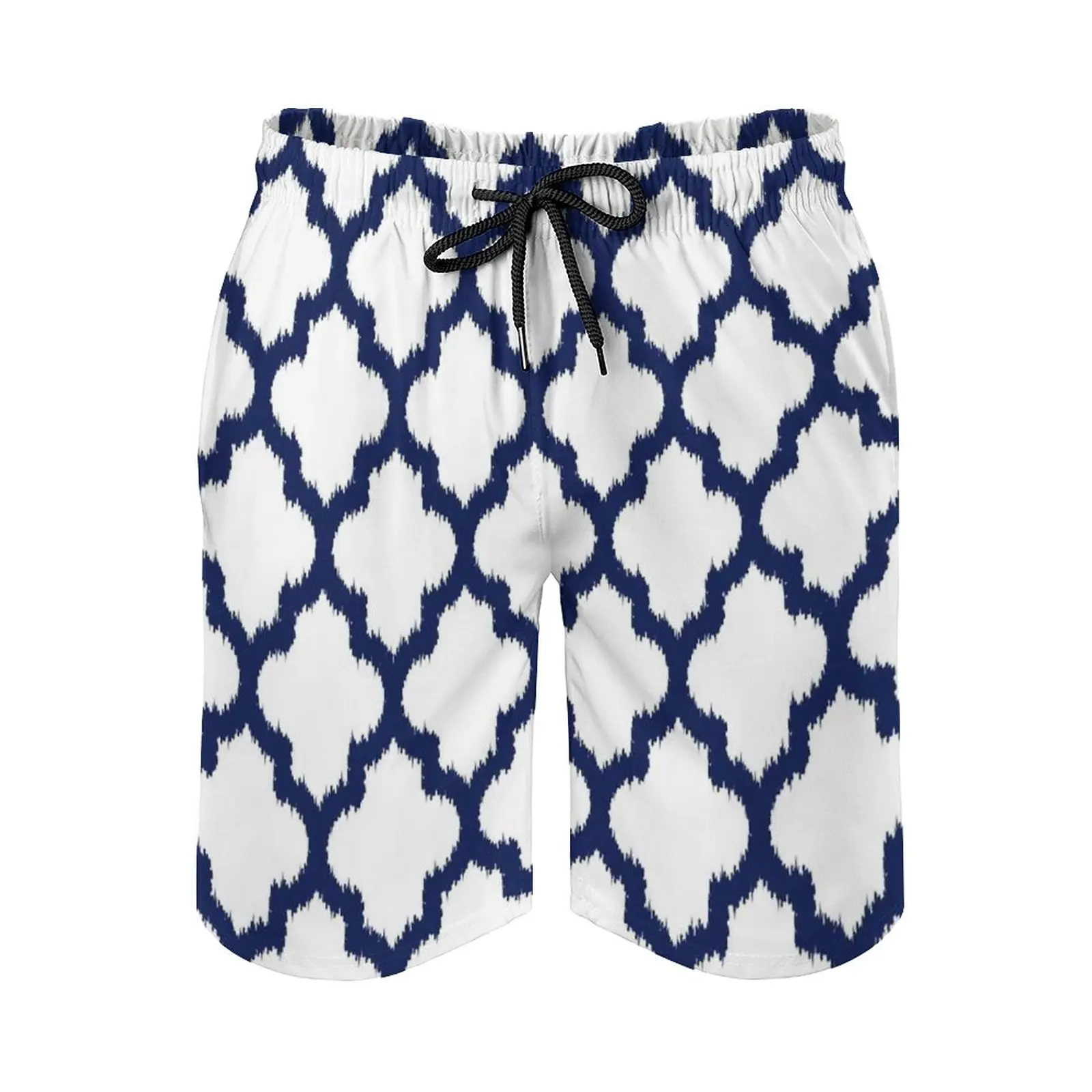 

Navy Blue And White Quatrefoil Ikat Style Men's Beach Shorts Board Shorts Bermuda Surfing Swim Shorts Navy Blue Modern