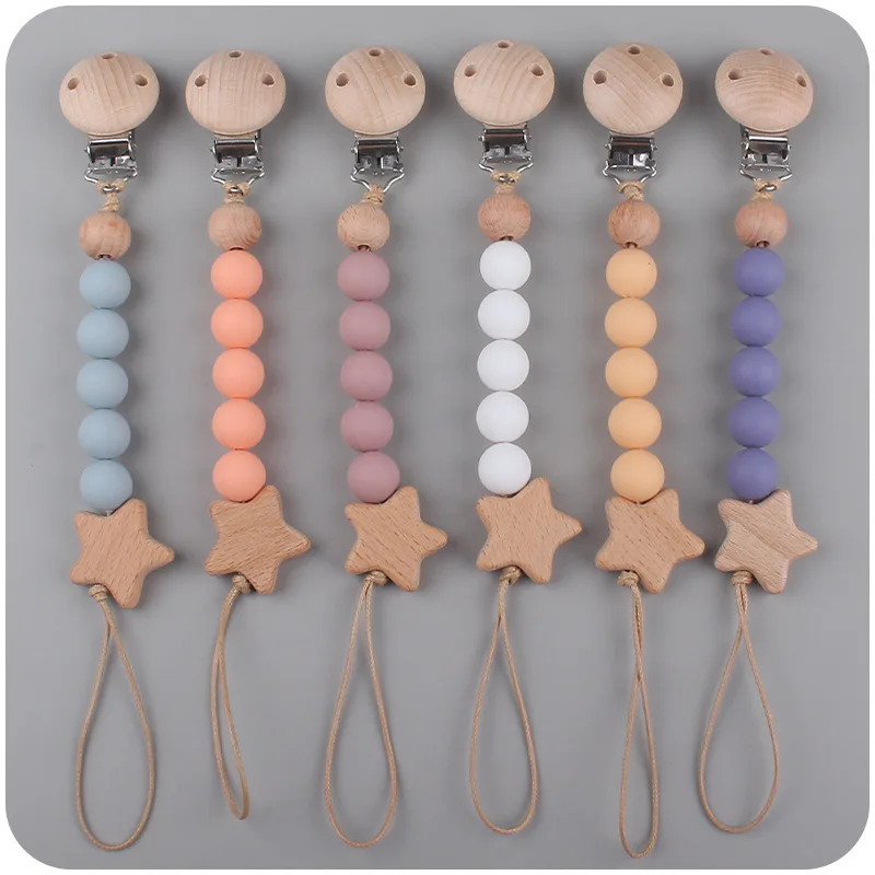 Baby Pacifier Clip Silicone Infant Dummy Clip Baby Souvenir Newborn Gift Wood Baby Supplies New Mother Gift