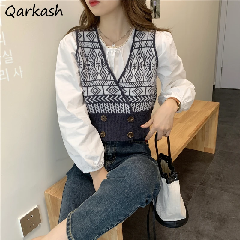 

Cropped Sweater Vest Women Print Harajuku Vintage Spring Mujer Ins V-neck Classic Cozy All-match Leisure Daily Femme Clothing