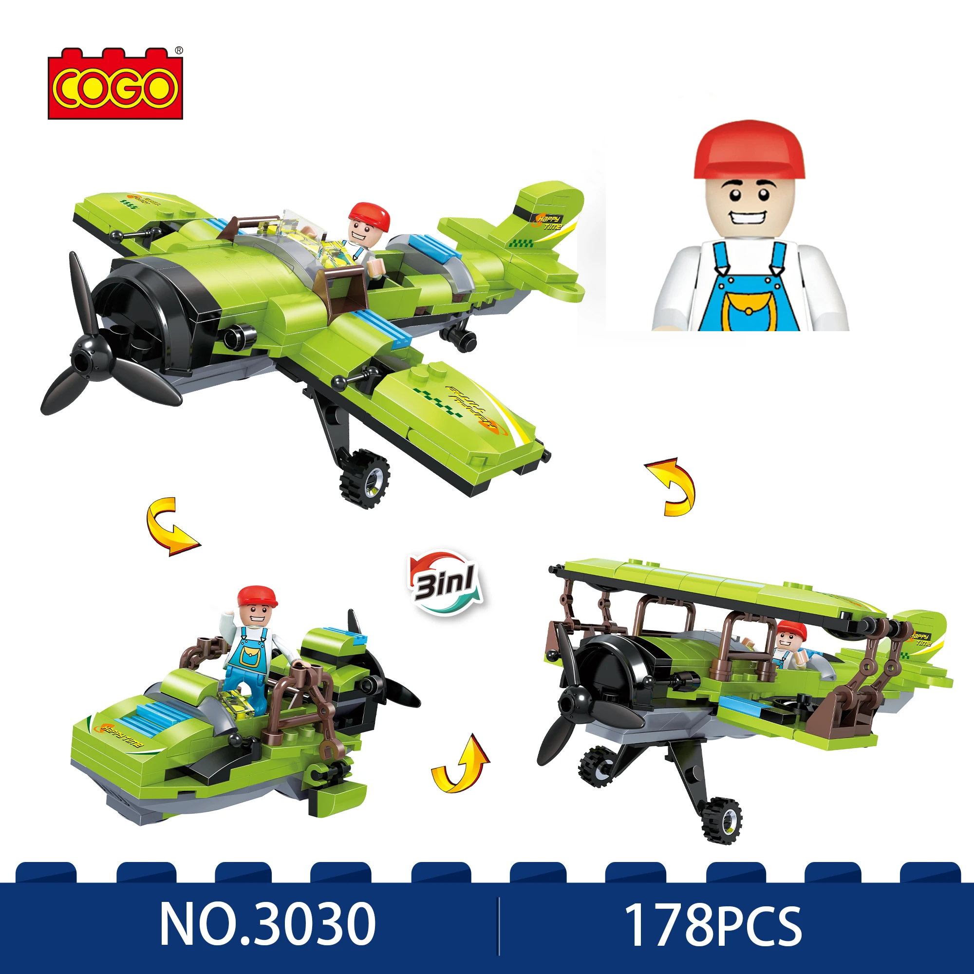 Военная классическая модель COGO 3 в 1 коллекция зеленых самолетов строительные