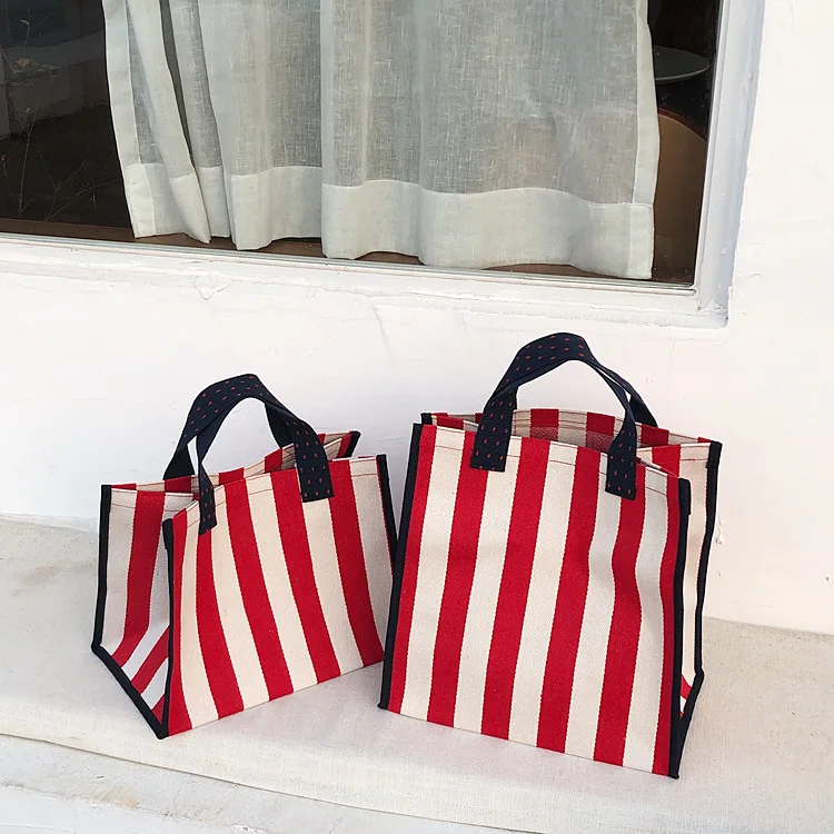 

Women Striped Handbag Canvas Square Tote Bag Large Capacity Waterproof Shopping Bags Portable Mommy Handbag Summer Beach Bags