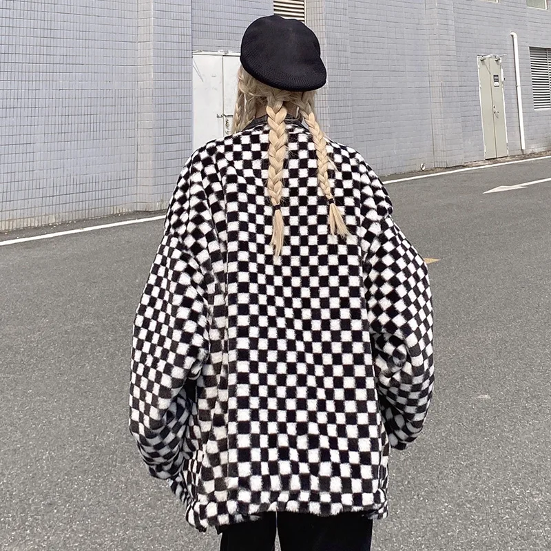 Leather Women's 2022 Winter High Street Thickened Cotton-Padded Jacket Design Sense Oversize Checkerboard Double-Sided Wear