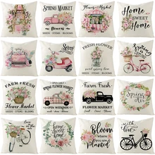 Nordic Style 45x45cm Square Linen Pillowcase Spring Farmhouse Home Decor Cushion Cover Pink Flower Bicycle Printed Pillow Cover