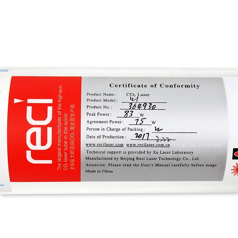 Фото Трубы Co2 Reci W1 W2 W4 W6 W8 мощностью 80 Вт, 100 Вт, 150 Вт для прецизионной резки и гравировки CO2 (модель 2026) №3