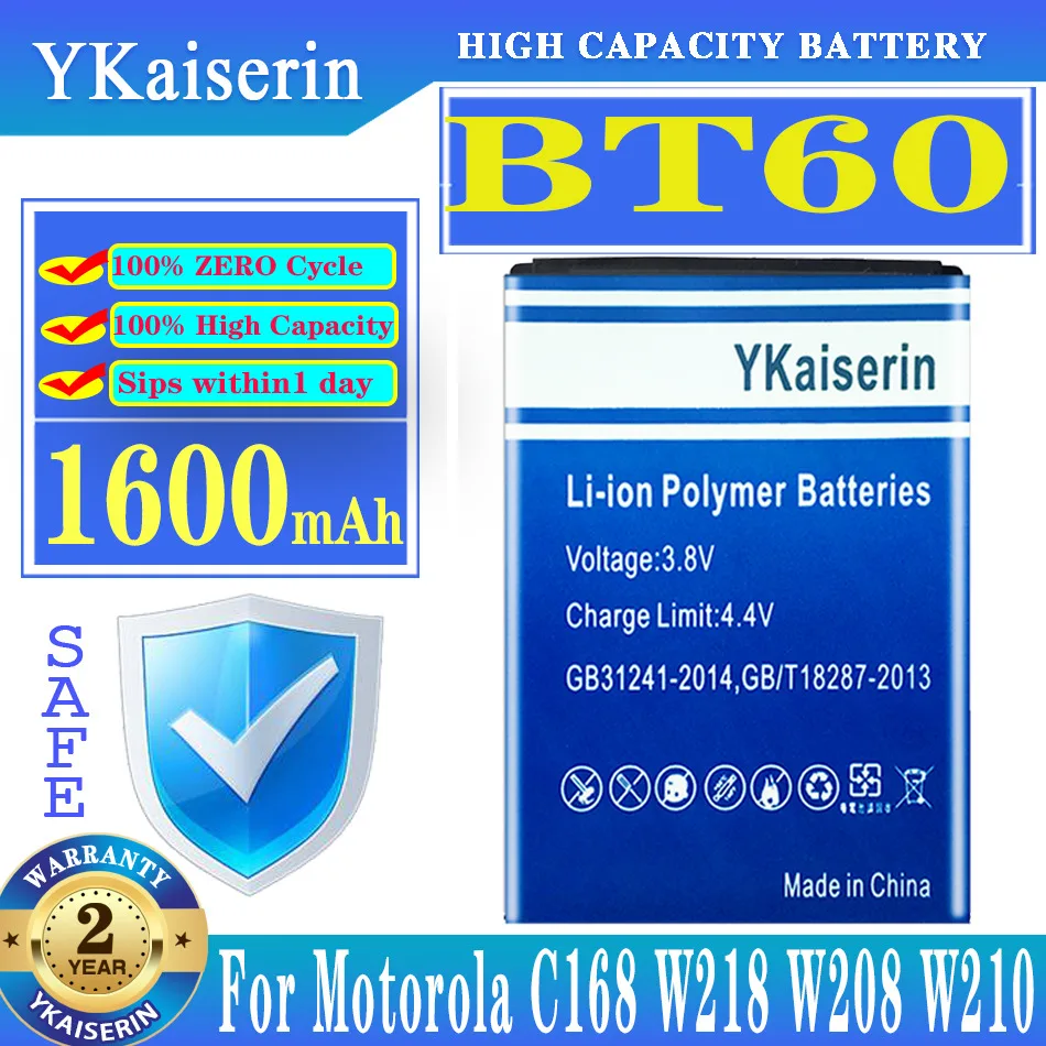 

YKaiserin BT60 BT 60 Battery 1600mAh For Motorola C168 W218 W208 W210 A1210 A3000 BT60 ME511 ME502 Q8 V360 Capacity Batteries