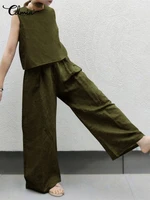 celmia casual women sleeveless cropped tops and elastic waist wide leg pant suits baggy 2022 summer cotton pant sets 2 pcs sets