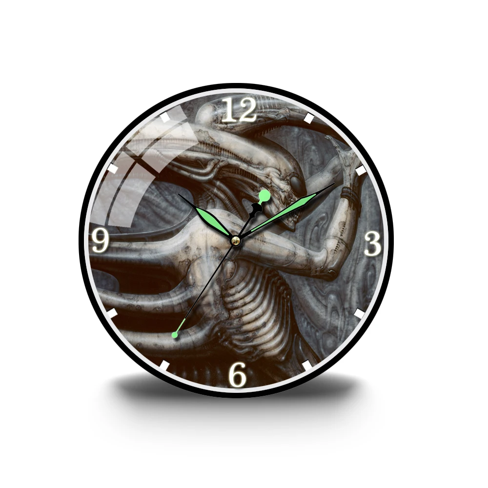 

Акриловые светящиеся круглые акриловые настенные часы Alien Xenomorph с изображением монстра, черепа, тихие безтихие настенные часы, часы