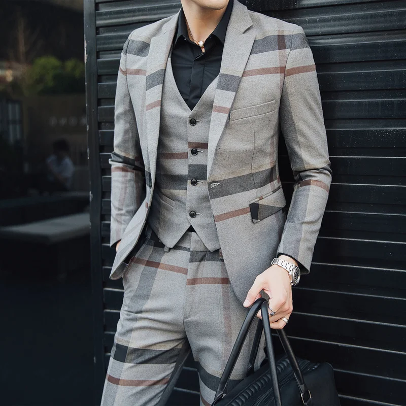 

(Jacket+Vest+Pants) Men Dress Suits British 3Piece Men Wedding Suit Autumn Men Business Formal Plaid Suit Male Luxury Slim Dress