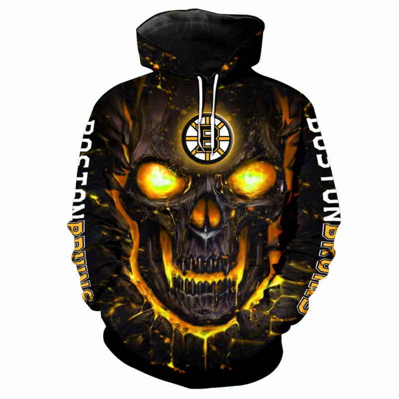 

Boston Men's Fashion 3D Hoodie Gold lava skull letter B print Bruins Cool outdoor sweatshirt