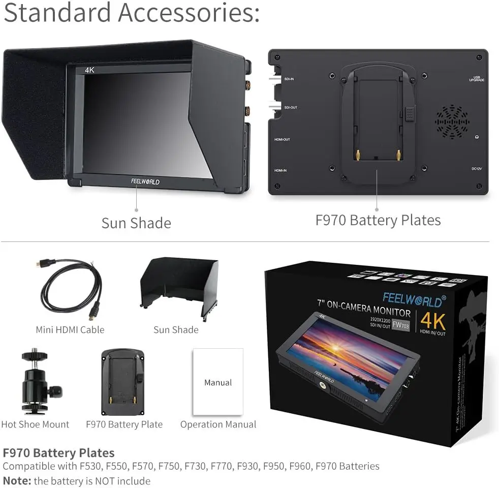 7-дюймовый IPS-монитор FEELWORLD FW703 3G-SDI HDMI DSLR Full 4K HD 1920x1200 на камеру полевой монитор