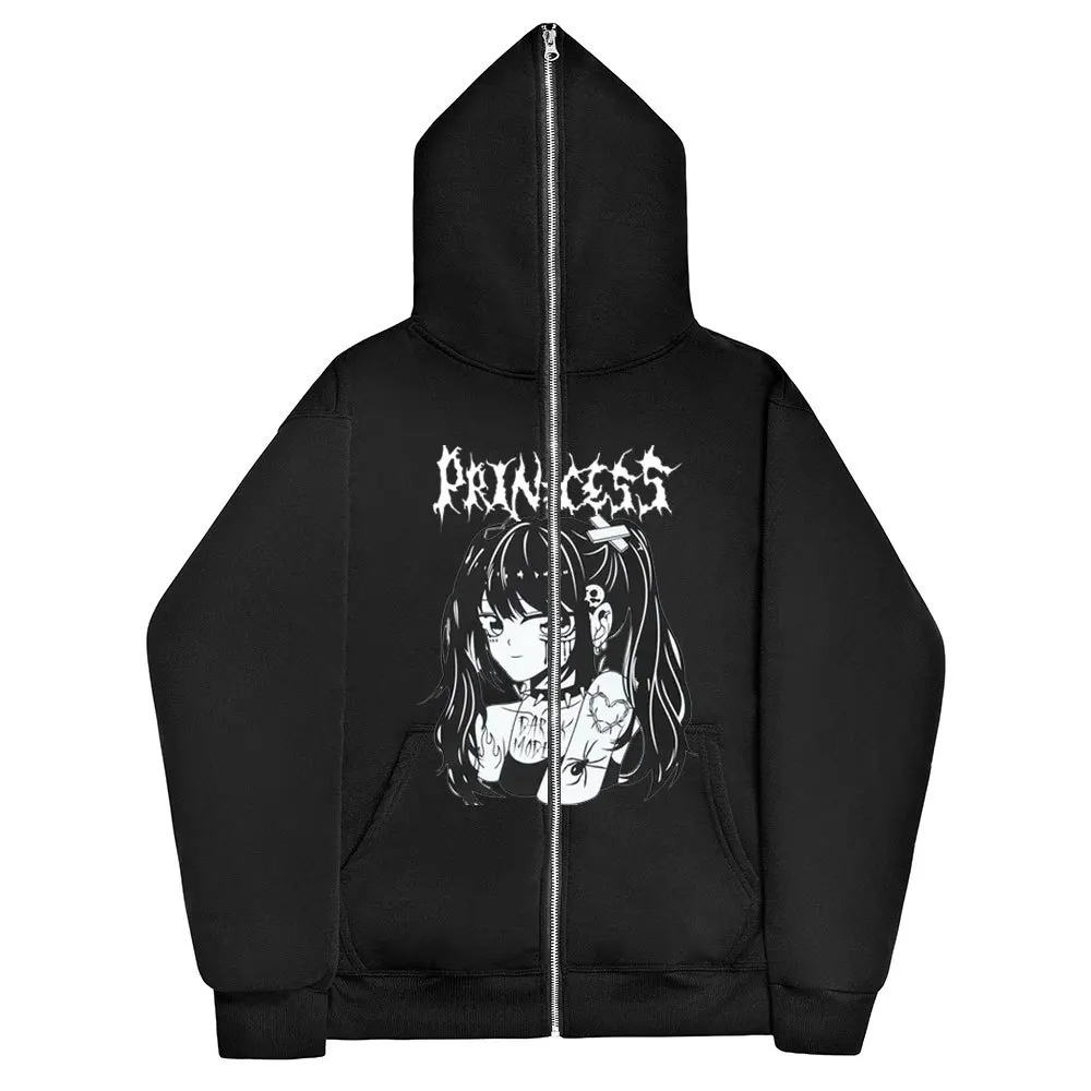 

Couples Ins High Street Y2K Unisex Inner Fleece Hoodies&Sweatshirt Fulll ZipperLoose Oversized Gothic Men's Women's Streetwear