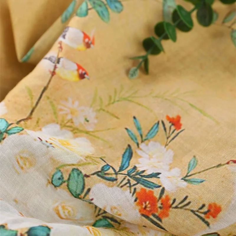 

Высококачественный материал рами, лоскутный Чонсам с цветочным и птичьим принтом, одежда, ткань для платья