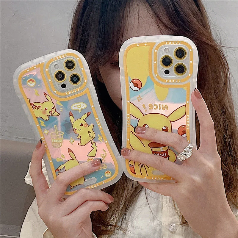 

Pokemon Pikachu Cartoon Laser Phone Cases For iPhone 13 12 11 Pro Max XR XS MAX X 7/8Plus Couple Anti-drop Soft TPU Cover Gift