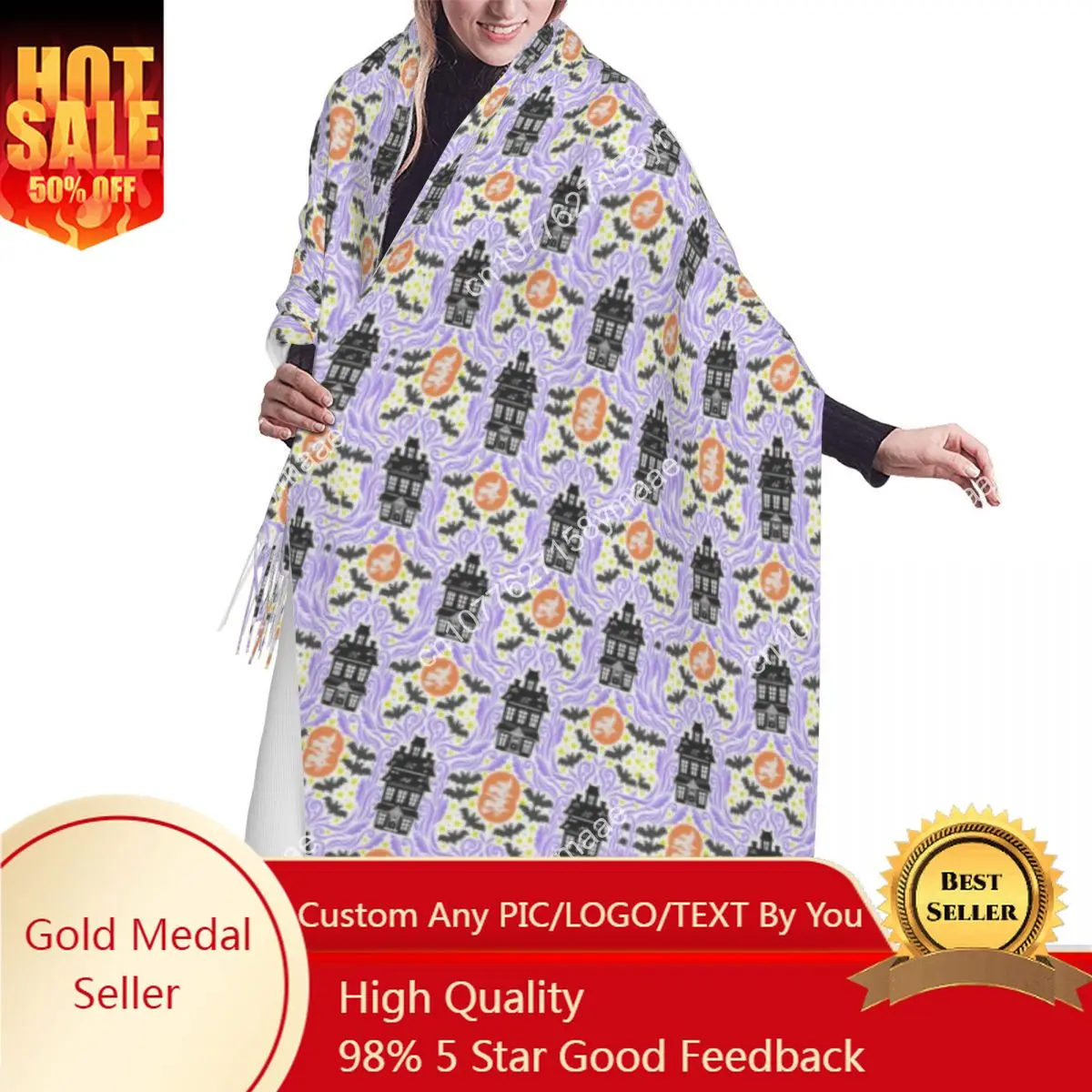 

Custom Magic Haunted Mansion House Tassel Scarf Women Soft Halloween Ghost Shawl Wrap Ladies Winter Versatile Famale Scarves