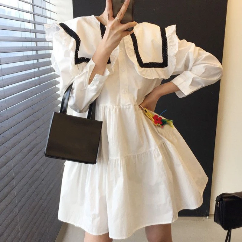 

Loose Fungus Sailor Puff Long Sleeve White Shirts Dress Women's Casual Vestidos Doll Black High Waist Retro Preppy Style Hit