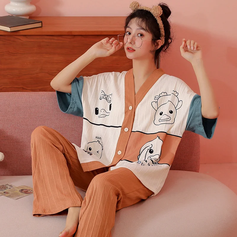 Summer new style pajamas women's cardigan short sleeved trousers casual thin large student home clothes can be worn outside