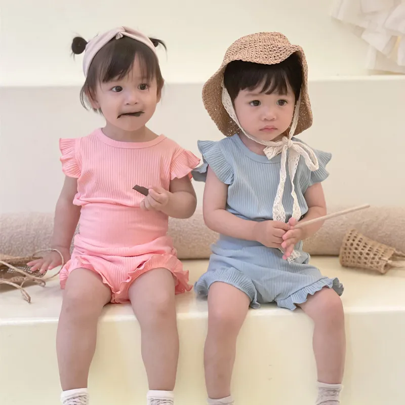 

Baby Onesie Summer Ruffled Sleeve Cotton Romper Solid Color Body Suits with High Waist Shorts 2 Pieces Boys Girls Clothes Set