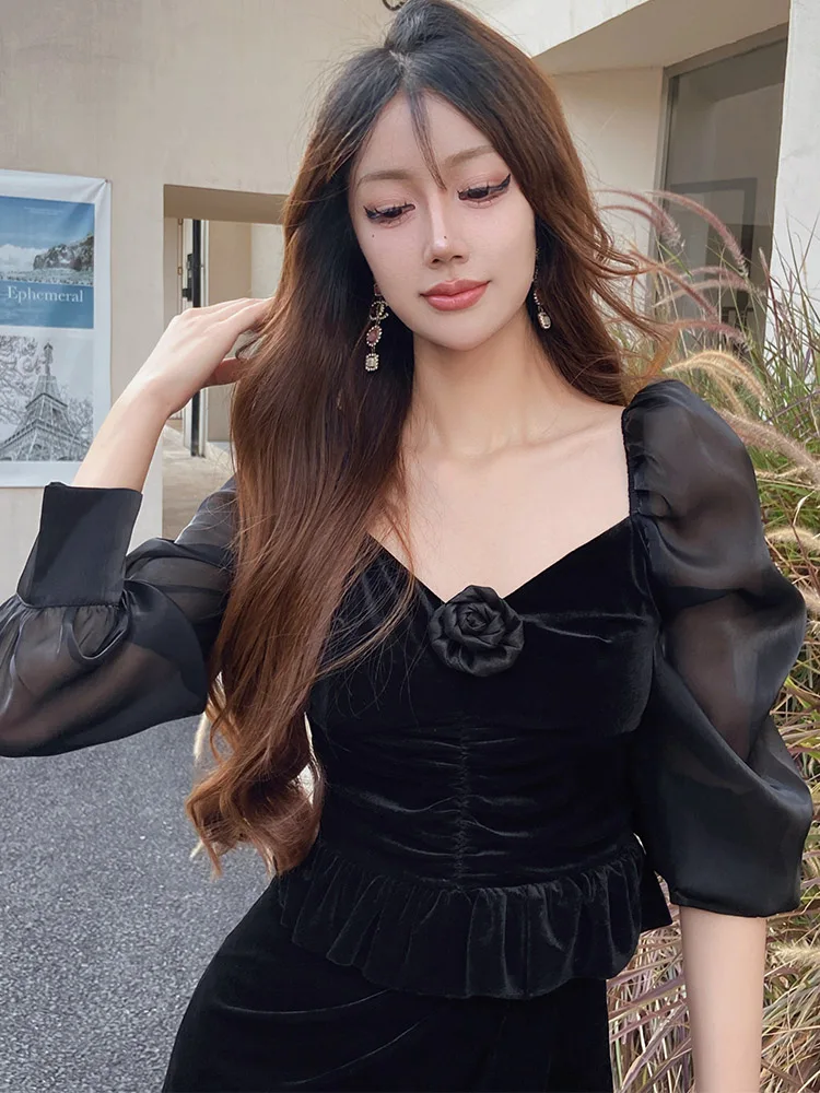 Dabuwawa бархатная рубашка для женщин 2023 Новая коллекция Лоскутная Сетка с длинным