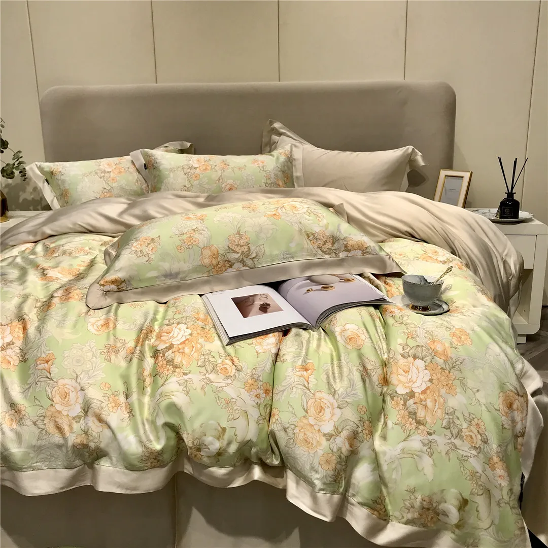 

2023 newest four-piece bedding simple cotton double household bed sheet quilt cover embroidered comfortable lemon yellow gray