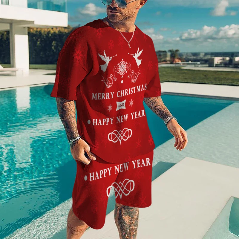 Summer men's casual street beach shorts set 3D printing colorful Christmas bear round neck street home short sleeve two-piece se