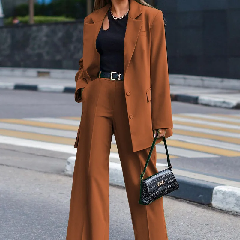 Women's Blazer Pant Sets Casual Long Sleeve Jacket + Wide Leg Pant Female 2 Pieces Set Ladies Fashion Elegant 2023 New Pant Suit