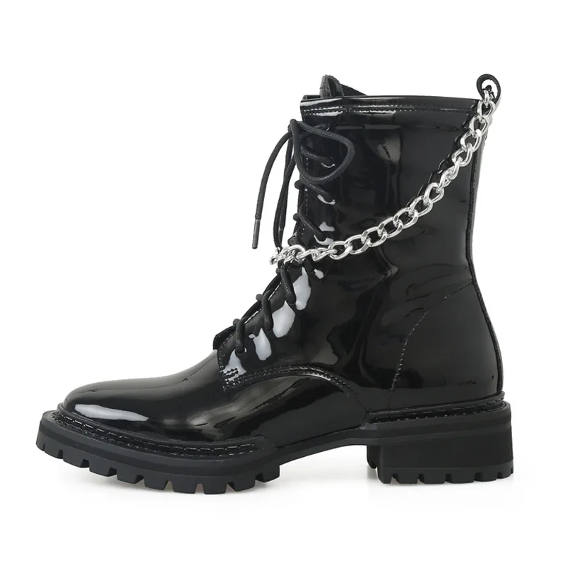 

Ботинки Челси с металлической цепочкой, черные кожаные короткие ботильоны, женские ботинки с квадратным носком, женские ботинки из лакированной кожи