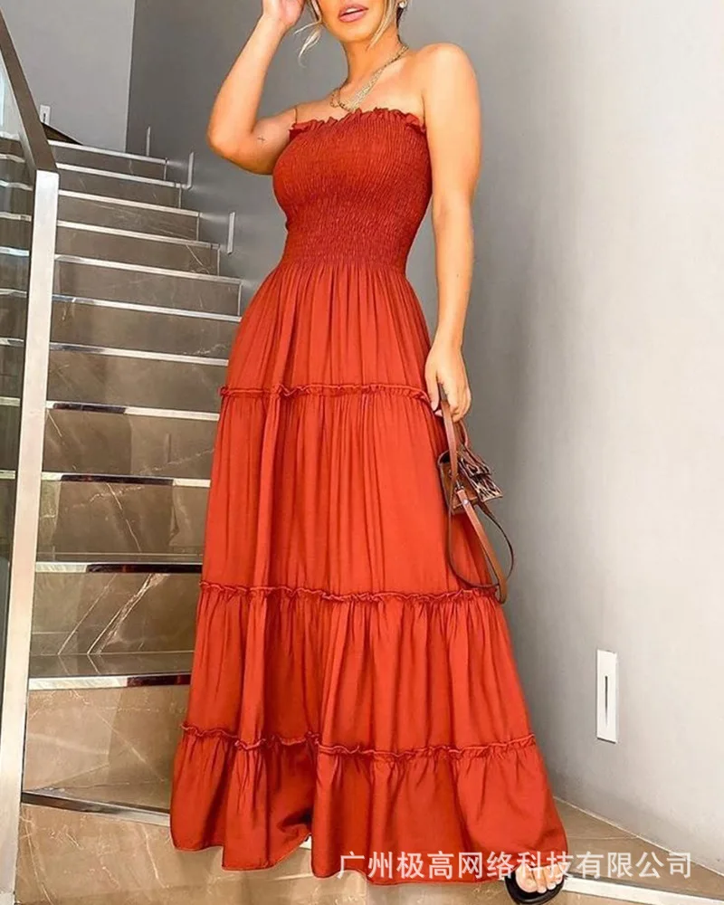 

Женское длинное платье с оборками, однотонное свободное платье с высокой талией, без рукавов