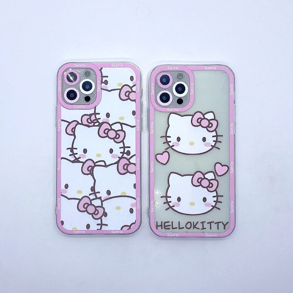Cartoon Cute Hello Kitty Transparent Phone Case For iPhone 14 13 12 11 Pro Max Mini XR XS Cute Soft Protective Cover