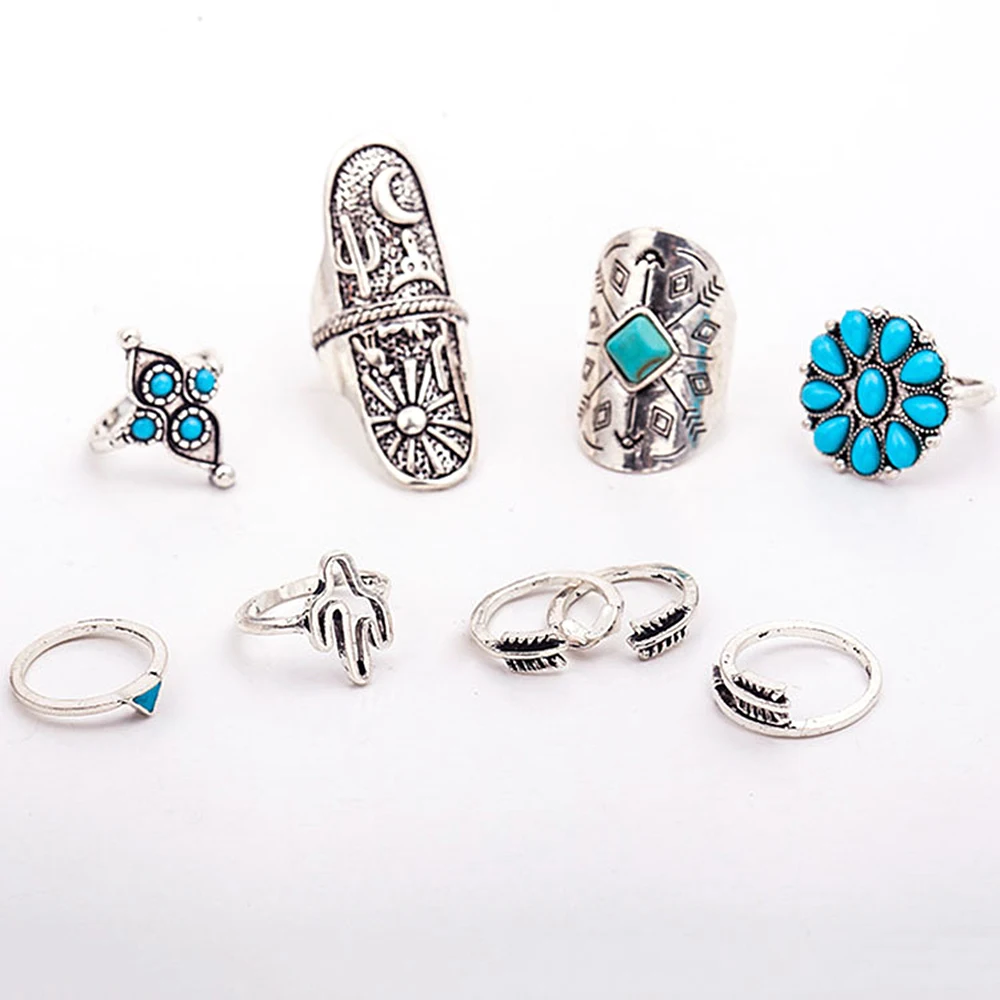 

9 Pcs Bohemian Ethnic Vintage Acrylic Gemstone Turquoise Rings Set For Women Engraved Geometric Totem Index Finger Ring Jewelry