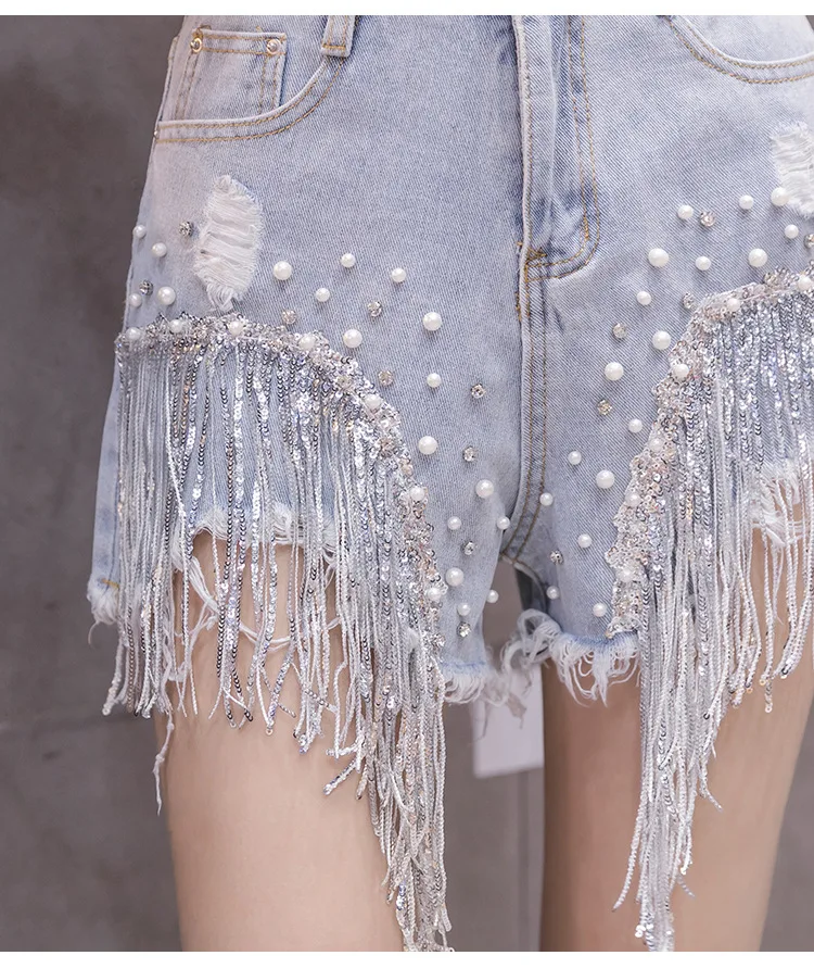 2023 Summer Ripped Jeans Short Femme High Waist Diamond Tassel Y2k Casual Bottoms For Ladies Denim Shorts Women Clothing Fashion
