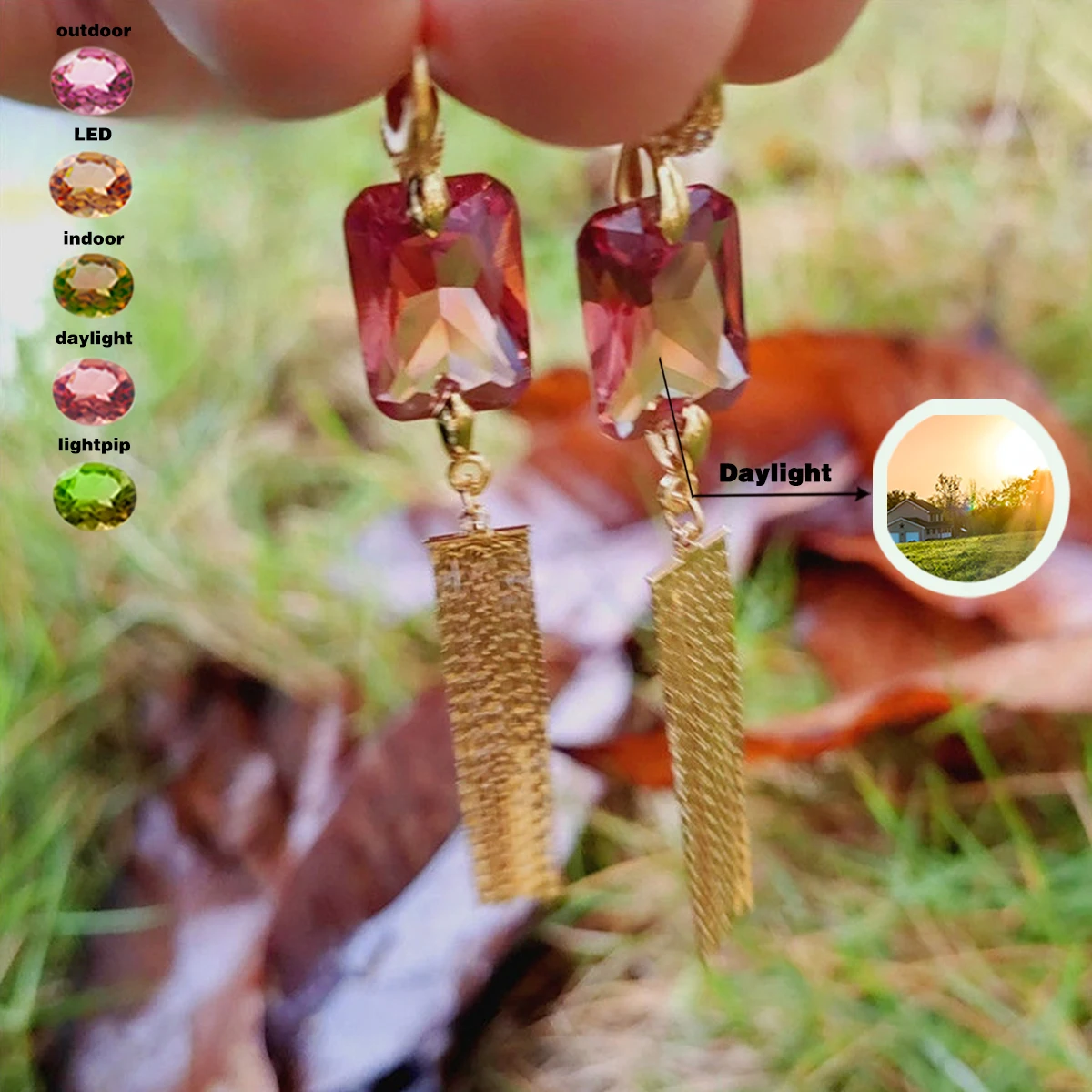 Прямоугольные серьги с султанитом и бриллиантами меняющие цвет в соответствии