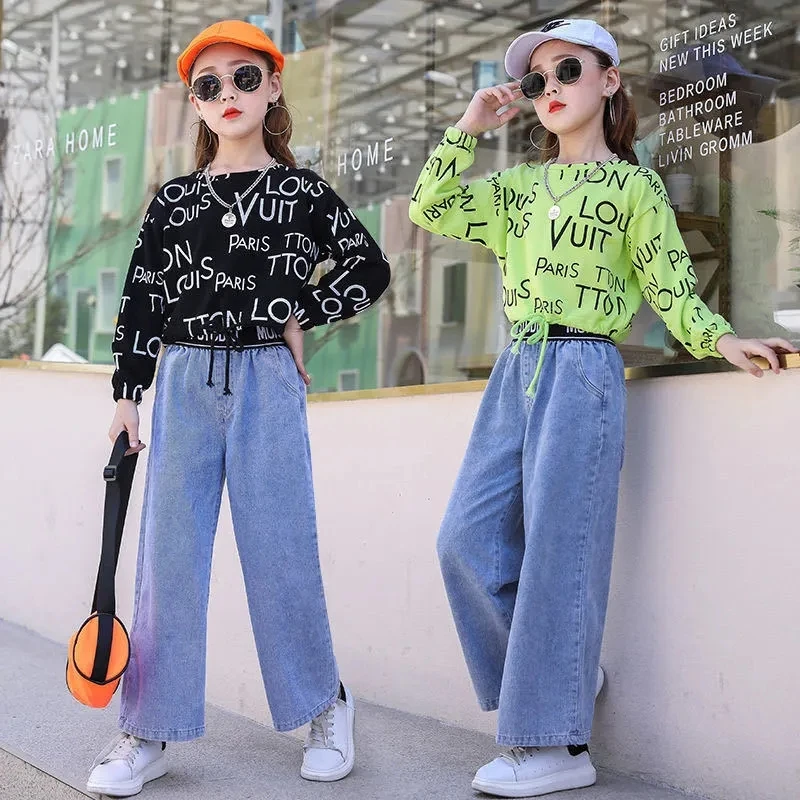 

2022 Girls Clothing Sets Autumn KidsTracksuit Long Sleeve T shirt WidLeg Pants Jeans Trousers Sport Suits for Girl Baby Clothes
