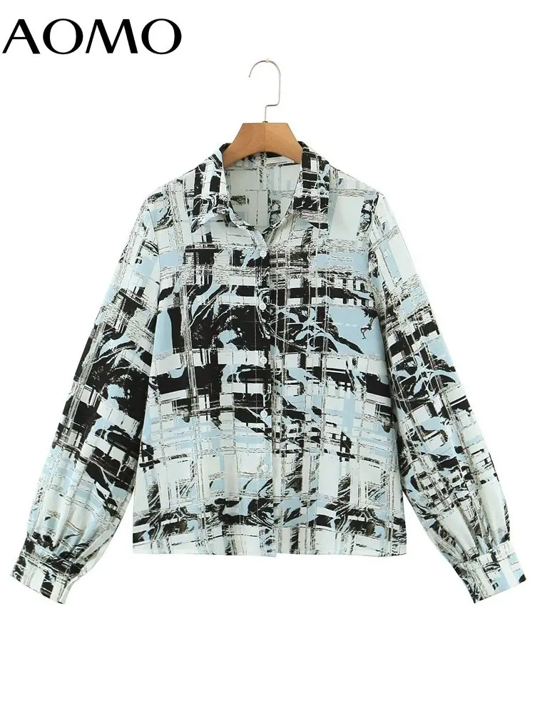 

AOMO Women Print Loose Shirt Blouse Long Sleeve Chic Female Office Lady Tops 5T42A