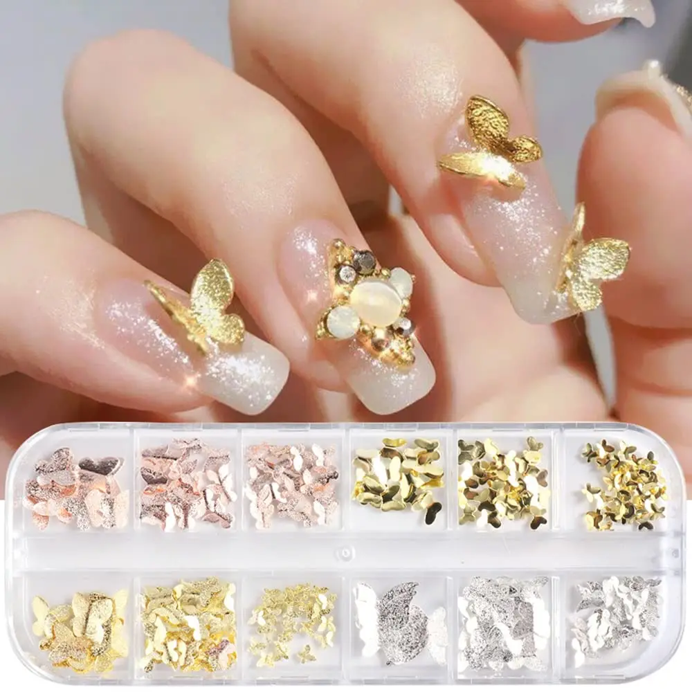 

1Box 3D Aurora Butterfly Nail Art Accessories 12 Gird Multi-Shape Gold Metal Rivet DIY Colorful Studs Manicure Decorations SD#59