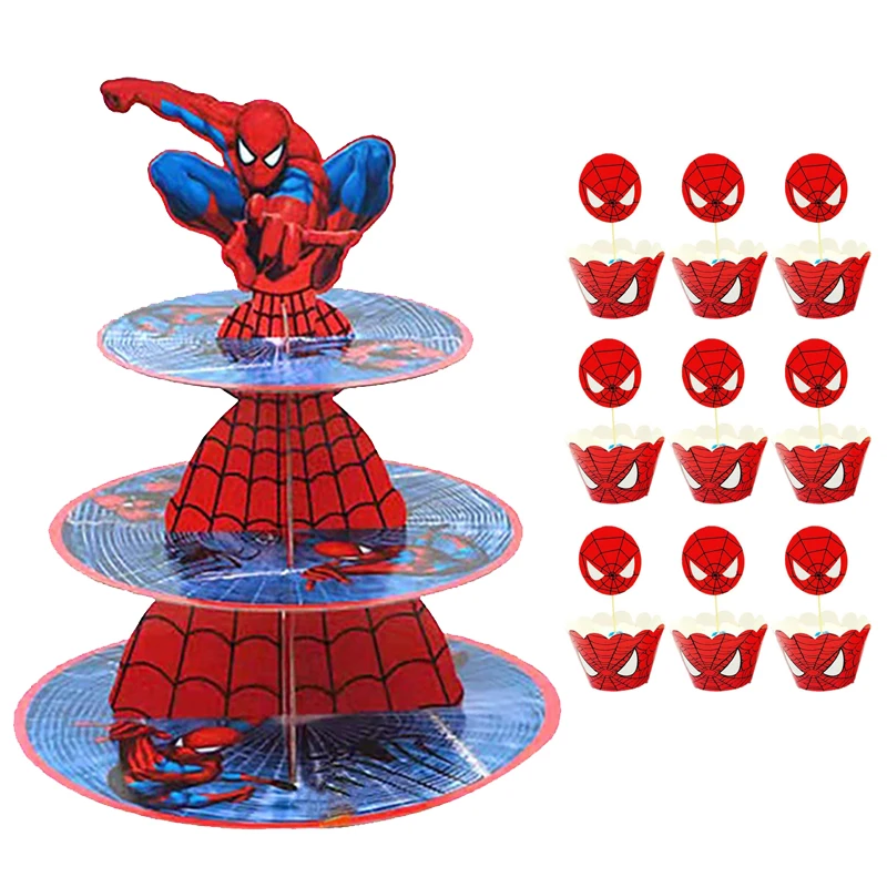 

3 Tier Superhero Cupcake Stand Spiderhero Dessert Tower Tray 12pcs Cartoon Cupcake Toppers Baby Shower Birthday Party Supplies