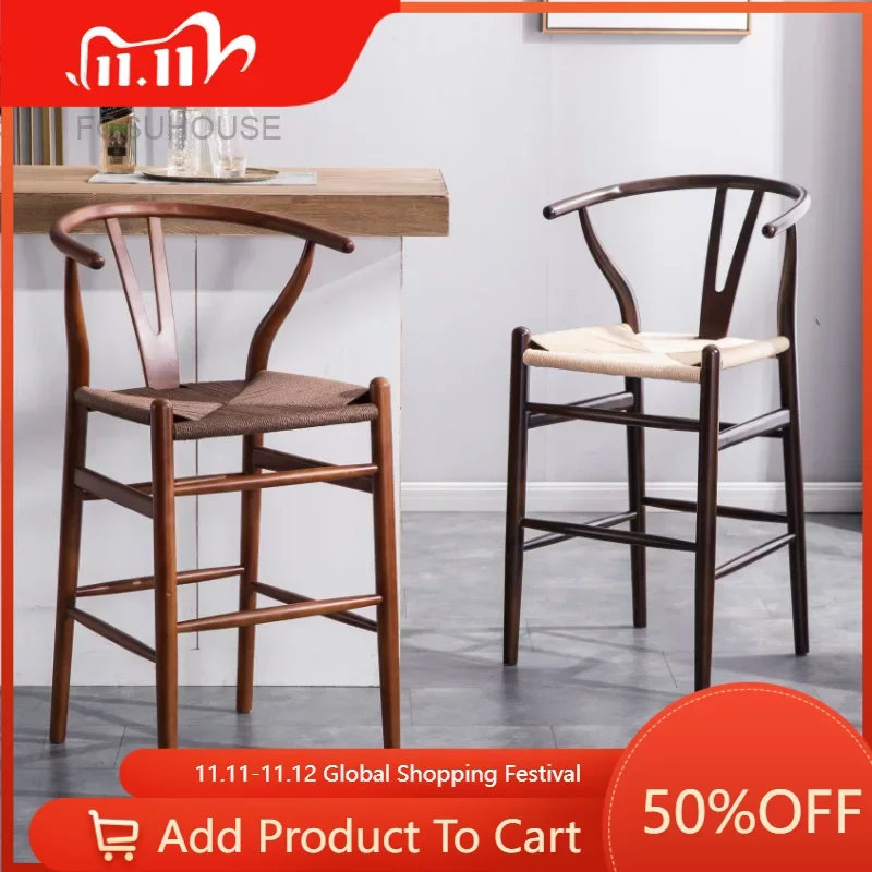

Скандинавские простые барные стулья из массива дерева, Ротанговые высокие барные стулья для отдыха, мебель для дома и кухни, Европейский отель, Арт, ротанговый барный стул