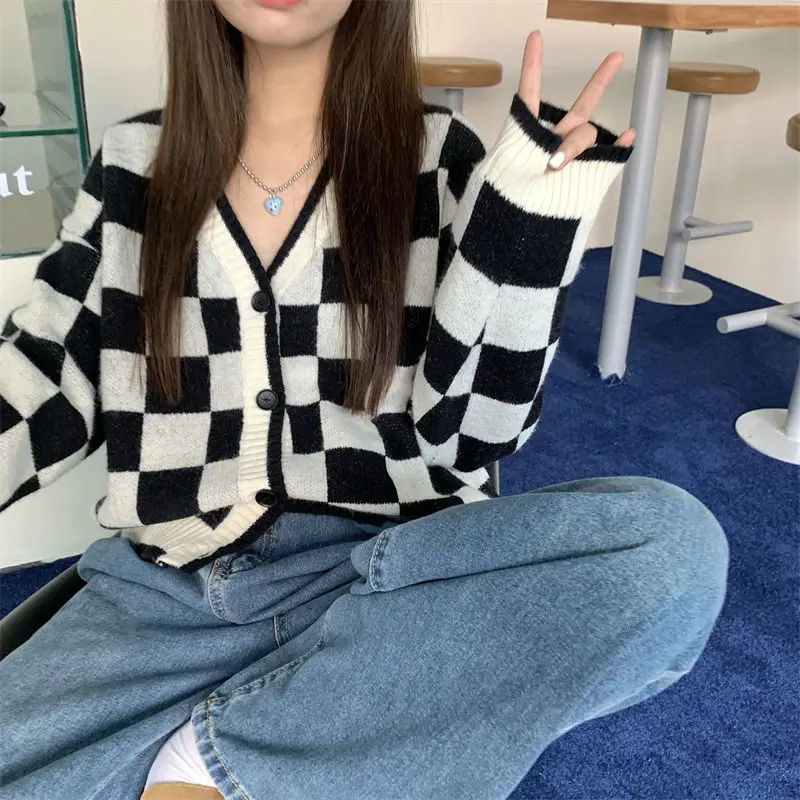 Свитер в стиле ретро ленивом женская куртка клетчатый вязаный кардиган с