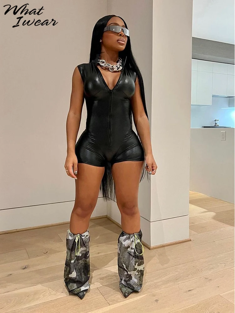 

Whatiwear Women's Vintage One-piece Shorts Black PU Semi-turtleneck Tank MINI Stylish Zipper Summer Classic Nightclub Style