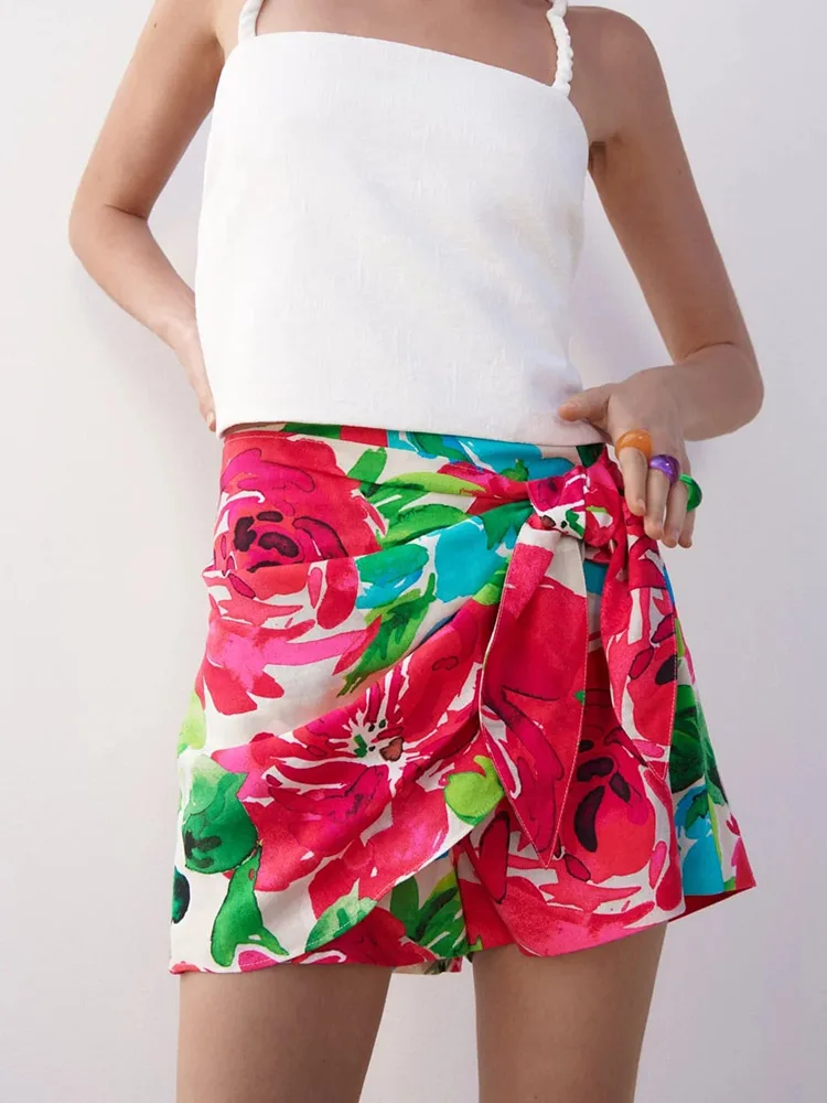 

Women Fashion Front Tied Bow Floral Print Shorts Skirts Vintage High Waist Side Zipper Female Skirts Mujer