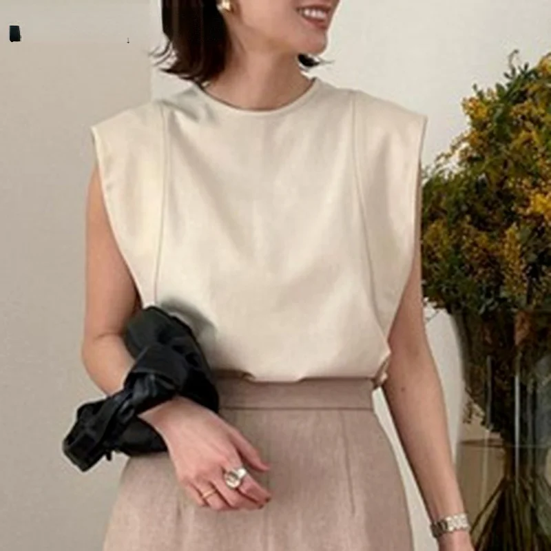 

Dinboa-2022 Japanese Style Casual Solid T-shirt Round Neck Sleeveless Simple Thin Pullover Tees Fashion Women Summer New Tops