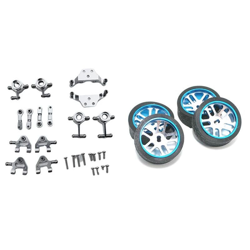 

1 Set Metal Upgraded Parts Steering Cup Swing Arm Shock Absorber Plate & 4 Pcs RC Car Tires Wheels
