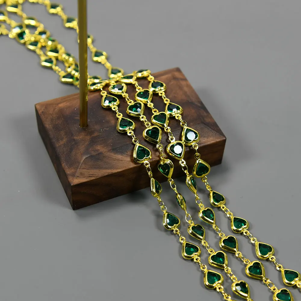 APDGG  5 Meters 7.5mm Green Glass Heart Crystal Gold Plated Copper Fashion Bezel Set Chain Paperclip Neck Necklace Making DIY
