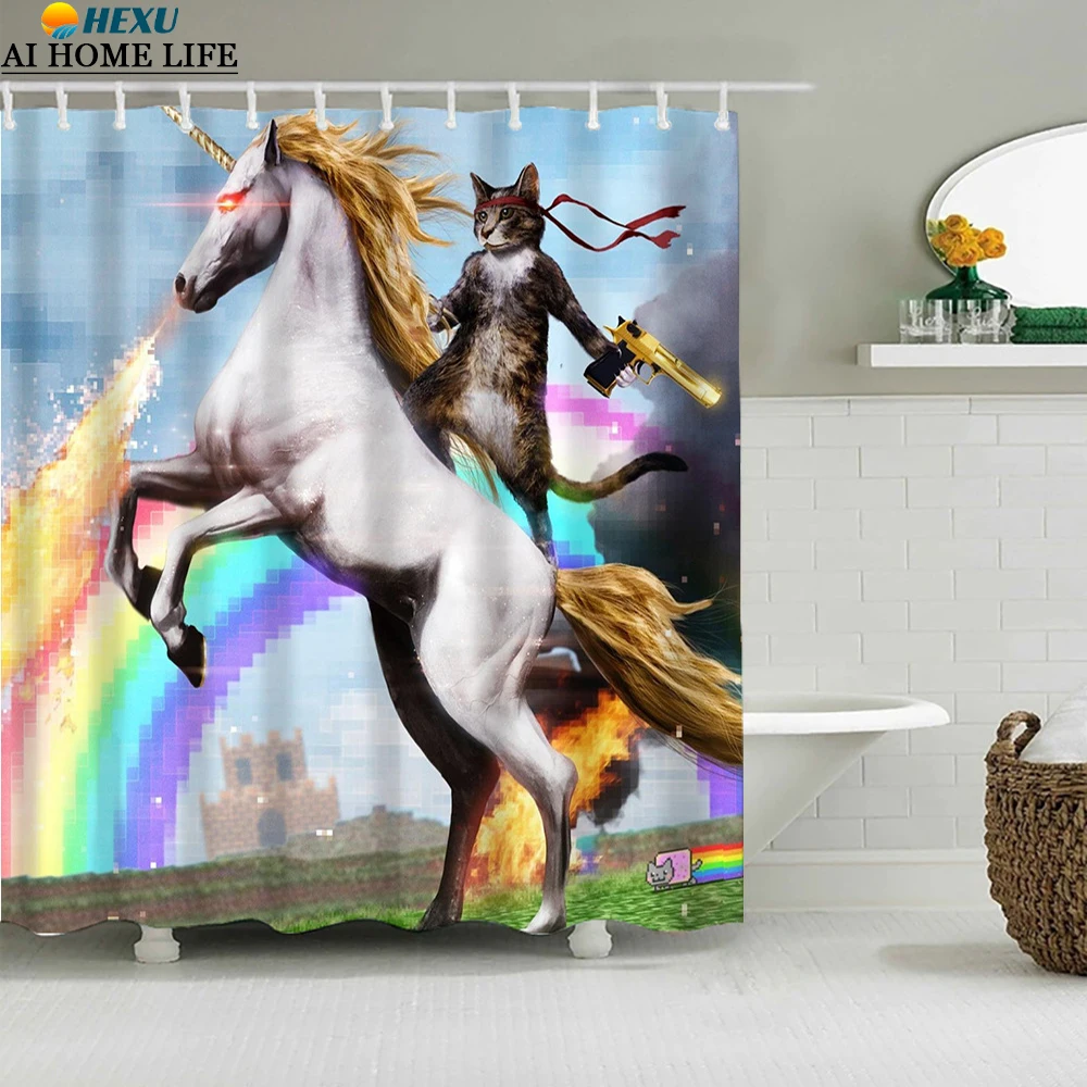 

Funny Cat Riding Unicorn Bathroom Curtain Bathtub Partition Screen Waterproof Cartoon Animal Shower Curtains with 12 Hooks Decor