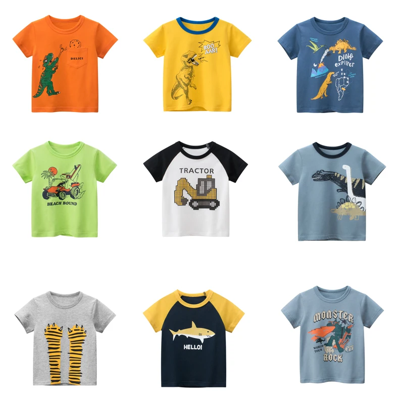 

27kids New Summer Boys T-shirt Cartoon Dinosaur Print Childrens Knitting Casual Cotton Short Sleeve Baby Game Clothes 2 3 4 6 9y