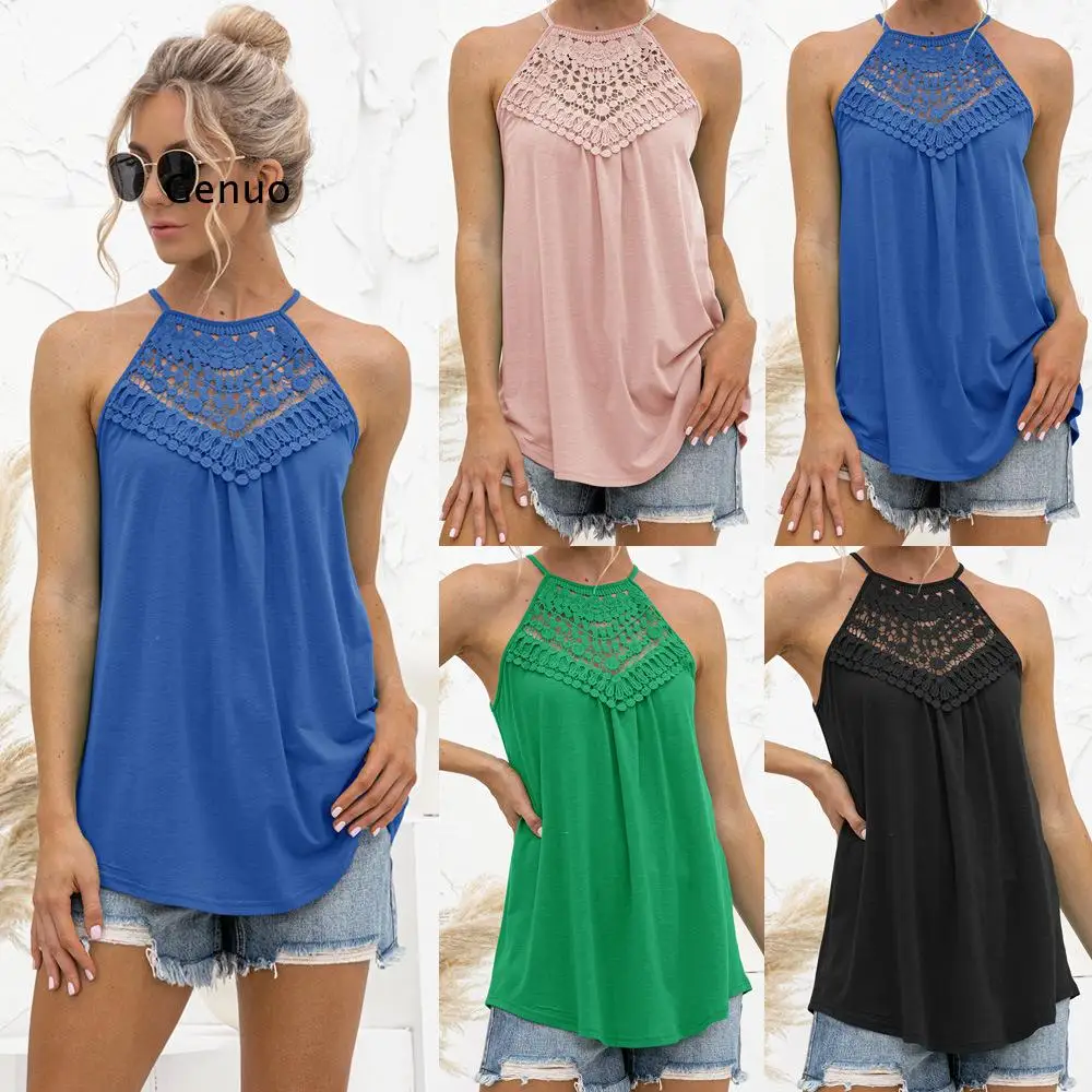 

Women's Sexy Off Shoulder Halter Vest Fashion Summer Ladies Casual Loose Sleeveless Solid Color O Neck Lace Patchwork Tops Femme