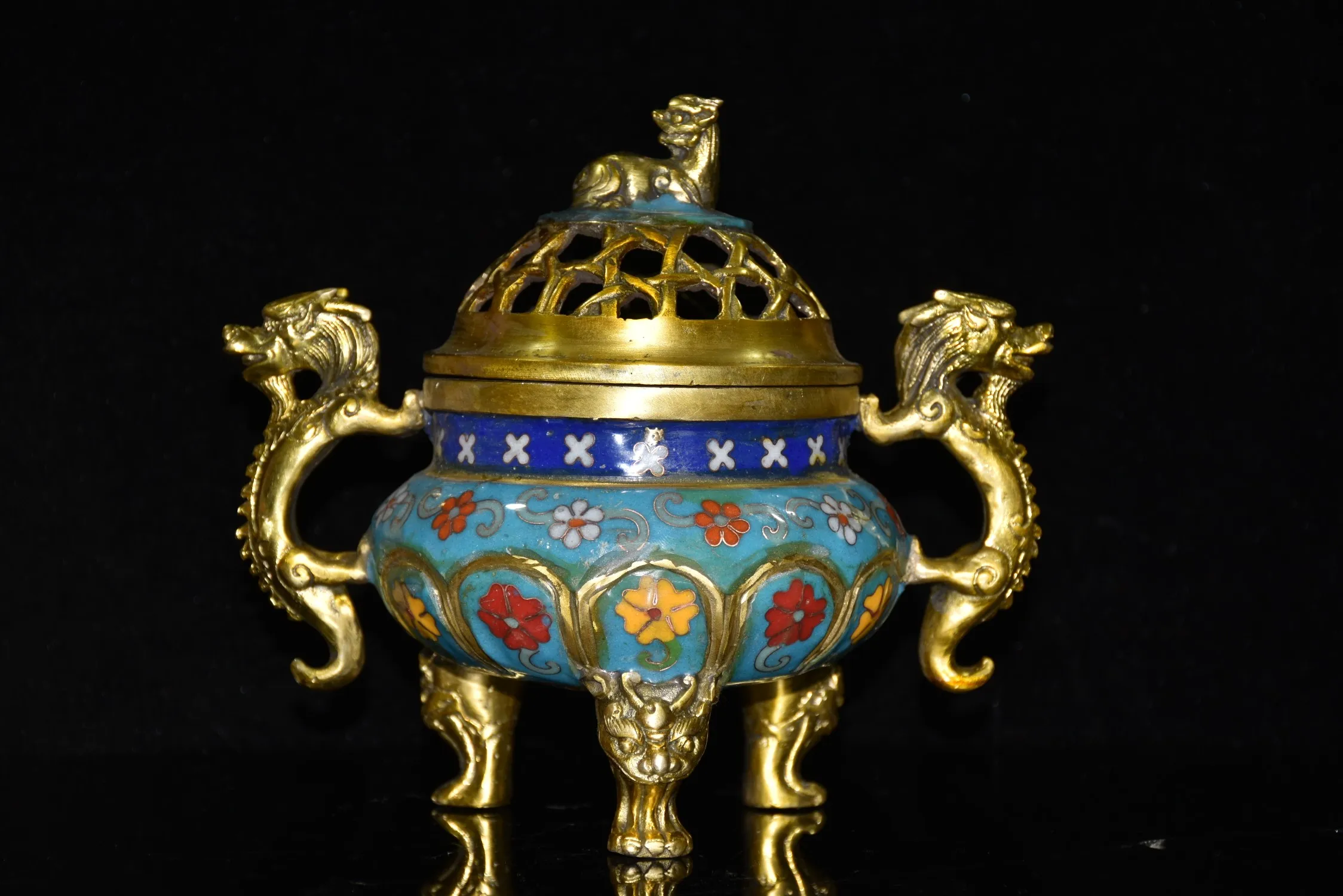 

8" Chinese Folk Collection Old Bronze Cloisonne Enamel Lion dragon statue binaural incense burner ornament Town house Exorcism