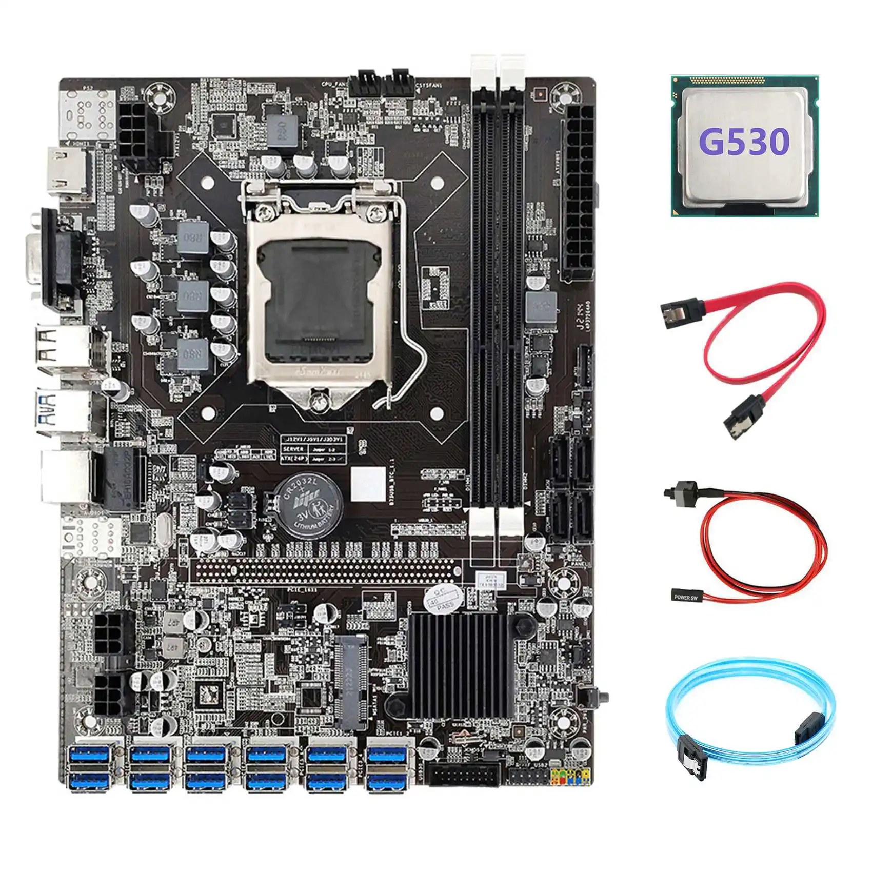 B75 ETH Miner Motherboard 12 PCIE to USB+G530 CPU+SATA3.0 Serial Port Cable+SATA Cable+Switch Cable LGA1155 Motherboard