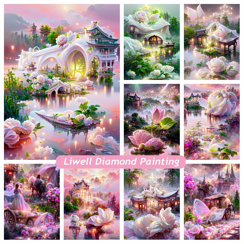 

Pink Flower Castle Dream Scenery Diamond Painting Art Fantasy Chateau Montrose Fairyland Crystal Cross Stitch Mosaic Room Decor