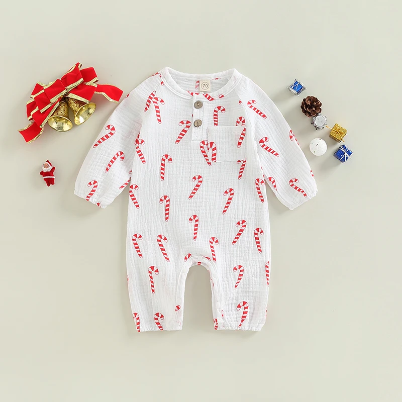 

Детский Рождественский комбинезон для младенцев, милый яркий тростниковый принт с длинным рукавом, 0-18 месяцев