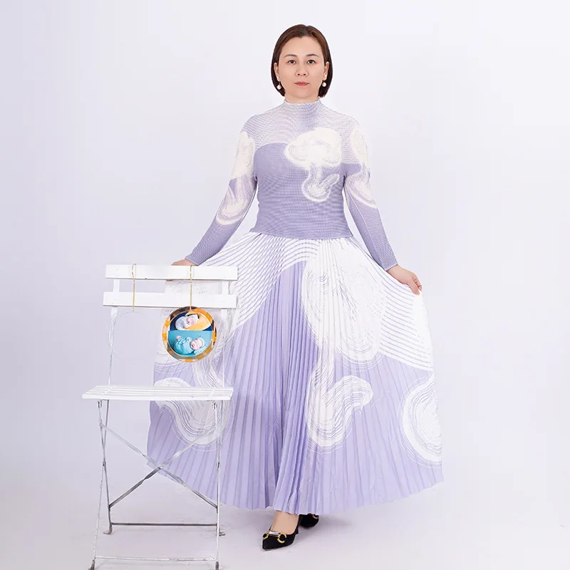 

Новинка весна-осень 2023, элегантный плиссированный топ с длинным рукавом и принтом и юбка